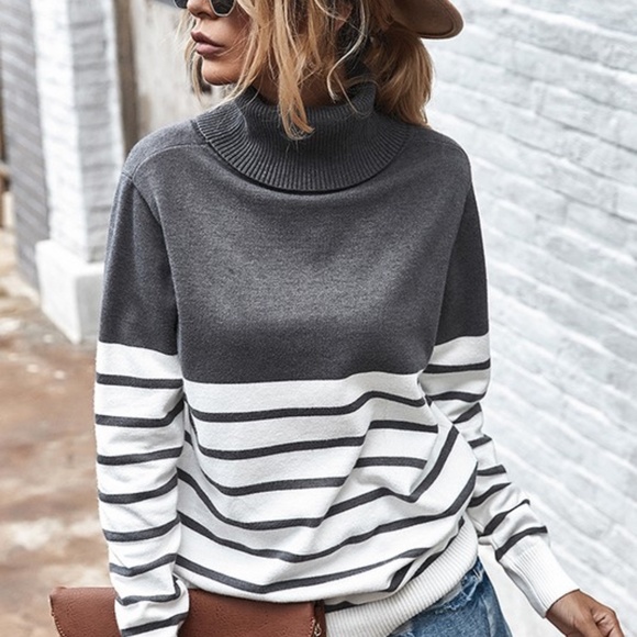 Sweaters - STRIPED turtleneck knit sweater - charcoal